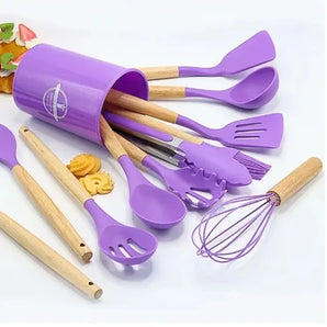 Kit Utensílios de Silicone Para Cozinha 12 Peças Cabo Madeira