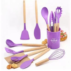 Kit Utensílios de Silicone Para Cozinha 12 Peças Cabo Madeira